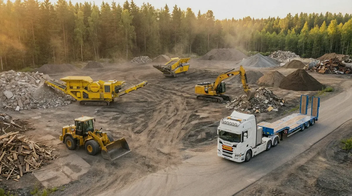 CRREX maskinpark — kross, hjullastare, grävmaskin och Scania lastbil på anläggningen i Rättvik